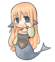 Rule 34 | 1girl, 7010, animal ears, blue eyes, blush, chibi, dress, fins, fish tail, head fins, long hair, lowres, mermaid, monster girl, orange hair, scales, smile, solo, tail, tears, white background, wiping tears