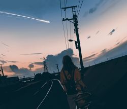 Rule 34 | 1girl, backpack, bag, bicycle, brown hair, cloud, evening, facing away, original, outdoors, power lines, riding bike, road, shooting star, sketch, snatti, solo, sunset