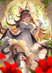 Rule 34 | 1girl, :d, animal ears, apron, black dress, blurry, blurry foreground, blush, breasts, brown hair, cat ears, collared dress, day, depth of field, dress, fang, flower, frilled dress, frills, gloves, hair between eyes, hand up, head tilt, highres, knife, long hair, looking at viewer, maid, medium breasts, okuma mai, open mouth, original, outdoors, puffy short sleeves, puffy sleeves, red eyes, red flower, short sleeves, skirt hold, smile, solo, thighhighs, very long hair, white apron, white gloves, white thighhighs