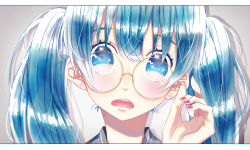 Rule 34 | 1girl, blue eyes, blue hair, border, d:, earrings, glasses, hatsune miku, highres, jewelry, letterboxed, long hair, looking at viewer, nail polish, namikaze bon, open mouth, portrait, red nails, round eyewear, solo, twintails, vocaloid, white border, yellow-framed eyewear