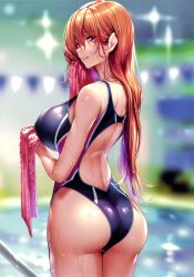 Rule 34 | 1girl, absurdres, ass, back cutout, bare shoulders, blue one-piece swimsuit, blurry, blurry background, breasts, brown hair, clothing cutout, competition swimsuit, cowboy shot, from behind, half-closed eyes, highres, holding, holding towel, kurumi shinoha, large breasts, lights, long hair, looking at viewer, looking back, mole, mole under mouth, one-piece swimsuit, original, parted lips, piromizu, poolside, purple eyes, scan, shiny clothes, shoulder blades, sidelocks, smile, solo, swimsuit, towel, wet, wiping face