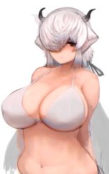 Rule 34 | 1girl, arms behind back, bikini, black horns, breasts, brown eyes, cleavage, closed mouth, collarbone, covered erect nipples, cropped torso, expressionless, extra ears, grey horns, hair over one eye, hair ribbon, highres, horns, huge breasts, kemono friends, kemono friends 3, long hair, looking at viewer, multicolored horns, navel, ribbon, shibori kasu, sideboob, sidelocks, simple background, sketch, solo, stomach, swimsuit, upper body, very long hair, white background, white bikini, white hair, yak (kemono friends)