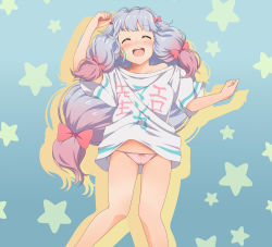 Rule 34 | 10s, 1girl, blush, bow, clothes writing, commentary request, eromanga sensei, closed eyes, hadome, hair bow, highres, izumi sagiri, long hair, open mouth, panties, pink bow, revision, silver hair, smile, solo, star (symbol), underwear
