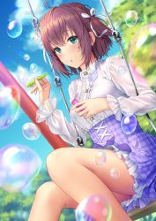 Rule 34 | 1girl, :o, aimori meguru, blue sky, blurry, blurry background, blurry foreground, breasts, brown hair, bubble, center frills, cloud, commentary request, day, depth of field, dress shirt, dutch angle, feet out of frame, frills, green eyes, hair ribbon, highres, holding, long sleeves, medium breasts, original, outdoors, parted lips, plaid, plaid skirt, pleated skirt, purple skirt, ribbon, see-through, see-through sleeves, shirt, sitting, skirt, sky, solo, swing, two side up, white ribbon, white shirt