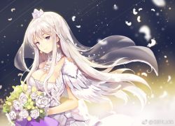 Rule 34 | 1girl, azur lane, bouquet, breasts, bride, cleavage, closed mouth, crown, detached collar, dress, enterprise (azur lane), enterprise (starlight oath) (azur lane), feathers, floating hair, flower, jewelry, large breasts, long hair, looking at viewer, necklace, pink hair, purple eyes, rose, sibyl, smile, solo, standing, veil, wedding dress, white dress, white flower, white rose