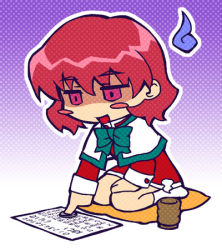 Rule 34 | 1girl, amano mishio, artist request, blank eyes, bow, bowtie, capelet, chibi, cup, evil smile, full body, gloom (expression), green bow, green bowtie, kanon, lowres, photoshop (medium), pink eyes, pointing, red hair, red skirt, school uniform, seiza, serafuku, shaded face, sitting, skirt, smile, solo