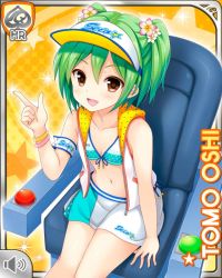 1girl :d armband bikini brown_eyes card_(medium) chair character_name girlfriend_(kari) green_hair halftone halftone_background jacket looking_at_viewer midriff navel official_art open_mouth orange_background oshi_tomo qp:flapper sitting smile solo sparkle star_(symbol) star_symbol_background sunvisor swimsuit tagme white_bikini white_jacket