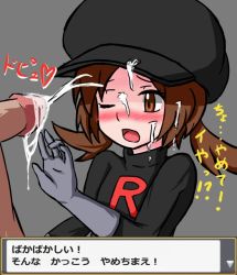 Rule 34 | 1boy, 1girl, black headwear, black shirt, blush, brown eyes, cosplay, creatures (company), cum, cum on clothes, cum on hair, ejaculation, erection, facial, flat chest, franberyll, game freak, gloves, grey background, grey gloves, hand up, hat, heart, japanese text, long sleeves, lyra (pokemon), matching hair/eyes, nintendo, nose blush, one eye closed, open mouth, orgasm, penis, pokemon, pokemon hgss, shirt, simple background, solo focus, talking, team rocket, team rocket grunt (cosplay), text focus, translation request, twintails, uncensored, upper body