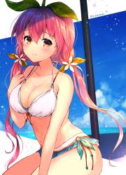 Rule 34 | 1girl, bikini, blue sky, blush, breasts, brown eyes, closed mouth, cloud, collarbone, commentary request, day, flower, granblue fantasy, hair flower, hair ornament, highres, large breasts, looking at viewer, low twintails, natami (sukeham), o-ring, o-ring bikini, o-ring bottom, ocean, outdoors, pink hair, sky, smile, solo, swimsuit, twintails, twitter username, white bikini, yggdrasil (granblue fantasy)