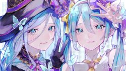 Rule 34 | 2girls, black gloves, black headwear, blue butterfly, blue eyes, blue hair, blue nails, brooch, bug, butterfly, character request, closed mouth, colorful palette, fingernails, gloves, hair between eyes, hand up, hat, hatsune miku, highres, insect, jewelry, looking at viewer, mini hat, mini top hat, mole, mole under mouth, more more jump! miku, multiple girls, nail polish, neck ribbon, polka dot, project sekai, purple ribbon, ribbon, signature, smile, top hat, twitter username, v, witch hat
