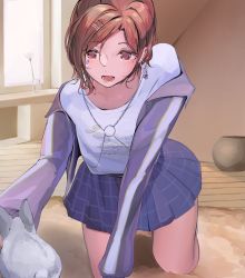 Rule 34 | 1girl, :d, bare legs, carpet, earrings, flower, heart stickers, highres, higuchi madoka, idolmaster, idolmaster shiny colors, indoors, jacket, jacket partially removed, jewelry, kneeling, long sleeves, looking at animal, mole, mole under eye, o-ring, open clothes, open jacket, open mouth, plaid, plaid skirt, pleated skirt, purple jacket, rabbit, rabbit earrings, red eyes, red hair, sinoda, skirt, smile, solo, window, wooden floor