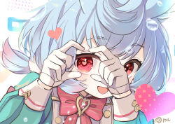 Rule 34 | 1girl, :d, animal ears, aqua shirt, artist name, blue hair, blush, bow, bowtie, brooch, buttons, commentary request, crossed bangs, eyelashes, genshin impact, gloves, gradient hair, hair between eyes, hair ornament, hands up, heart, heart-shaped pupils, highres, jewelry, long sleeves, looking at viewer, low twintails, medium hair, multicolored hair, open mouth, pom pom (clothes), pom pom hair ornament, puffy long sleeves, puffy sleeves, purple hair, red bow, red bowtie, red eyes, shirt, sidelocks, sigewinne (genshin impact), simple background, sleeve cuffs, smile, solo, symbol-shaped pupils, tanuki nishi, twintails, upper body, water, water drop, white background, white gloves