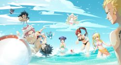 Rule 34 | 4boys, 4girls, ball, bikini, black bikini, black hair, blonde hair, breasts, brown eyes, casual one-piece swimsuit, charle (fairy tail), cleavage, day, erza scarlet, closed eyes, fairy tail, gajeel redfox, gray fullbuster, happy (fairy tail), highres, large breasts, laxus dreyar, long hair, lucy heartfilia, mavis vermilion, medium breasts, multiple boys, multiple girls, natsu dragneel, navel, one-piece swimsuit, outdoors, pantherlily, ponytail, red hair, scarf, short hair, smile, spiked hair, strib und werde, swimsuit, tattoo, underboob, water, wendy marvell, white scarf, white one-piece swimsuit, wings