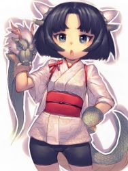 Rule 34 | &gt;:o, 1girl, :o, animal hands, bike shorts, black eyes, black hair, child, dragon girl, dragon tail, fumio (rsqkr), hand on own hip, hip focus, horns, japanese clothes, kimono, looking at viewer, monster girl, obi, open mouth, original, parted bangs, parted hair, sash, short hair, short kimono, solo, tail, v-shaped eyebrows