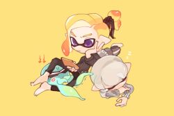 Rule 34 | 2boys, anger vein, blonde hair, closed eyes, closed mouth, full body, inkling, inkling boy, inkling player character, lying, medium hair, multiple boys, nintendo, octopus, on stomach, pointy ears, purple eyes, short hair, simple background, sitting, spl8ya, splatoon (series), tentacle hair, v-shaped eyebrows, white hair, yellow background, zzz
