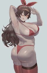 Rule 34 | 1girl, ;q, absurdres, amber (genshin impact), arm up, armpits, ass, bikini, breasts, brown hair, cleavage, cowboy shot, genshin impact, hair ribbon, highres, huge breasts, hyuzky, large breasts, long hair, looking at viewer, micro bikini, one eye closed, red bikini, red ribbon, red thighhighs, ribbon, salute, simple background, smile, solo, steaming body, swimsuit, thighhighs, tongue, tongue out