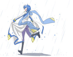 Rule 34 | 1boy, absurdres, bad id, bad pixiv id, blue scarf, blush, boots, coat lift, facing viewer, headset, highres, kaito (vocaloid), kaito (vocaloid3), leg up, looking back, male focus, pants, rain, running, scarf, see-through, simple background, smile, solo, vocaloid, white background, yuki (tarojamg)