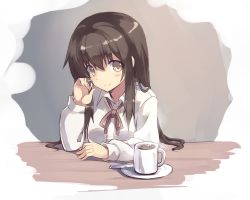 Rule 34 | blush, brown hair, character request, coffee, collared shirt, copyright request, cup, highres, mug, normaland, shirt, smile, solo, yellow eyes