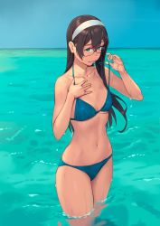 Rule 34 | 1girl, bikini, bikini pull, bikini tan, black legwear, blue bikini, breasts, cleavage, clothes pull, collarbone, glasses, green eyes, hair between eyes, hand on own chest, highres, kantai collection, long hair, navel, ocean, ooyodo (kancolle), parted lips, partially submerged, pulling own clothes, semi-rimless eyewear, sky, small breasts, solo, string bikini, swimsuit, tan, tanline, wading, yuuji (and)