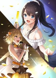 Rule 34 | 2girls, azuki yui, bead bracelet, beads, black hair, blonde hair, blue eyes, blue shirt, blush, bracelet, character request, clothes grab, collarbone, concert, confetti, cross-laced clothes, cross-laced dress, dress, floral print, flower, frilled dress, frills, gloves, hair between eyes, hair flower, hair ornament, highres, holding, holding glowstick, holding microphone, idol, jewelry, microphone, multiple girls, necklace, open mouth, orange flower, oyome-san ni shitai contest ichii no kouhai ni yowami wo nigirareta, pearl necklace, ponytail, scrunchie, shirt, sleeve grab, white gloves, white scrunchie
