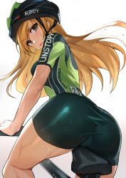 Rule 34 | 1girl, absurdres, ass, bad id, bad twitter id, bicycle, bicycle helmet, bike jersey, bike shorts, black shorts, blonde hair, comeo (komeo15), green eyes, helmet, highres, long hair, looking at viewer, looking back, original, riding, riding bicycle, short sleeves, shorts, simple background, solo, sweat, white background