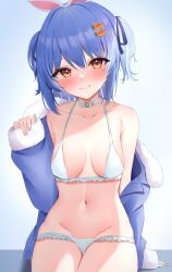 Rule 34 | 1girl, animal ears, bad id, bad twitter id, bare shoulders, bikini, bikini pull, blue background, blue hair, blue jacket, blush, breasts, carrot hair ornament, choker, closed mouth, clothes pull, collarbone, fake animal ears, food-themed hair ornament, frilled bikini, frills, fur-trimmed jacket, fur trim, gradient background, gradient eyes, groin, hair ornament, hair ribbon, halterneck, hand up, highres, hololive, jacket, long sleeves, medium breasts, mikumineko, multicolored eyes, navel, open clothes, open jacket, orange eyes, rabbit ears, rabbit girl, ribbon, short eyebrows, sidelocks, sitting, sleeves past wrists, smile, solo, stomach, swimsuit, thick eyebrows, thighs, two side up, usada pekora, usada pekora (casual), virtual youtuber, white bikini, white choker