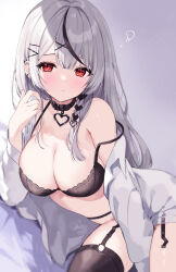 Rule 34 | 1girl, bare shoulders, black bra, black collar, black hair, black thighhighs, blush, bra, breasts, cleavage, collar, collarbone, ear piercing, garter straps, grey hair, hair ornament, hell fuuna, highres, hololive, large breasts, long hair, looking at viewer, lying, multicolored hair, on side, open clothes, open shirt, piercing, red eyes, sakamata chloe, shirt, solo, streaked hair, thighhighs, underwear, virtual youtuber, white shirt, x hair ornament