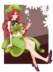 Rule 34 | 1girl, arm support, beret, blouse, blue eyes, braid, chinese clothes, eyes visible through hair, hair ribbon, hat, highres, hong meiling, long hair, parted bangs, puffy short sleeves, puffy sleeves, red hair, ribbon, shirt, short sleeves, side slit, sitting, smile, solo, star (symbol), touhou, tress ribbon, twin braids, white shirt, yet you