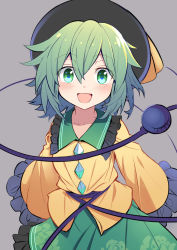 Rule 34 | 1girl, black hat, collarbone, cowboy shot, e.o., floral print, frilled skirt, frilled sleeves, frills, green eyes, green hair, green skirt, grey background, hair between eyes, hat, hat ornament, highres, komeiji koishi, long sleeves, looking at viewer, open mouth, rose print, shirt, short hair, simple background, skirt, smile, solo, standing, third eye, touhou, wide sleeves, yellow shirt