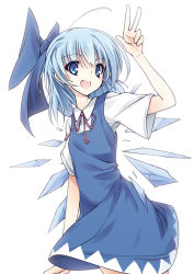 Rule 34 | 1girl, bad id, bad pixiv id, blue dress, blue eyes, blue hair, bow, cirno, dress, hair bow, ice, ice wings, itsutsuki, looking at viewer, matching hair/eyes, shirt, simple background, smile, solo, touhou, white background, wings