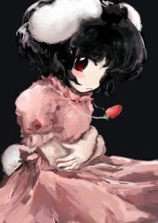 Rule 34 | :3, animal ears, black background, black hair, carrot necklace, crossed arms, dress, floppy ears, frilled sleeves, frills, from side, highres, inaba tewi, jewelry, light blush, looking at viewer, necklace, pink dress, rabbit ears, rabbit girl, rabbit tail, red eyes, ribbon-trimmed collar, ribbon-trimmed sleeves, ribbon trim, short hair, short sleeves, si toyaka, tail, touhou, wavy hair