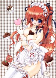 Rule 34 | absurdres, apron, bare shoulders, blue eyes, blush, breasts squeezed together, breasts, bust cup, chocolate, chocolate on body, chocolate on breasts, cream, crossed arms, cupcake, fingerless gloves, food, gloves, hair ribbon, happy, heart, highres, lace, large breasts, long hair, maid, maid apron, naked apron, nipples, ramiya ryou, red hair, ribbon, solo, thighhighs, valentine, whisk