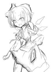 Rule 34 | 1girl, burnt clothes, cirno, greyscale, kousui kakuritsu 30 percent, monochrome, open mouth, pointing, pointing at viewer, short hair, simple background, sketch, solo, torn clothes, touhou, wings