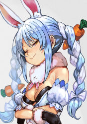 Rule 34 | 1girl, animal ear fluff, animal ears, arm cuffs, black gloves, black leotard, blue hair, braid, breasts, carrot hair ornament, cleavage, closed mouth, crossed arms, don-chan (usada pekora), dress, food-themed hair ornament, fur-trimmed gloves, fur scarf, fur trim, gloves, hair ornament, hair ribbon, half-closed eye, hololive, hungry clicker, leotard, light blue hair, long hair, looking at viewer, medium breasts, multicolored hair, off-shoulder dress, off shoulder, one eye closed, orange eyes, playboy bunny, rabbit ears, ribbon, simple background, smile, solo, thick eyebrows, tress ribbon, twin braids, twintails, two-tone hair, upper body, usada pekora, usada pekora (1st costume), virtual youtuber, white background, white dress, white hair