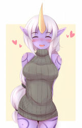 Rule 34 | 1girl, :o, aran sweater, arms behind back, ayatori (aytr), blush, breasts, cable knit, closed eyes, colored skin, heart, highres, horns, large breasts, league of legends, long hair, looking at viewer, multi-tied hair, pointy ears, ponytail, purple skin, ribbed sweater, single horn, solo, soraka (league of legends), sweatdrop, sweater, tattoo, very long hair, white hair