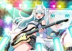 Rule 34 | 1girl, aqua eyes, black skirt, blue nails, cleavage cutout, clothing cutout, colored inner hair, commission, crop top, electric guitar, erenshu, eva ananova, facial mark, flat chest, glowstick, grey hair, guitar, hair ornament, headset, highres, horns, instrument, long hair, miniskirt, multicolored hair, open mouth, penlight (glowstick), pleated skirt, skeb commission, skirt, solo, stage lights, streaked hair, twitter username, virtual youtuber, vyvid, white hair