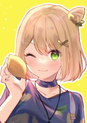 1girl ;) blue_choker blue_shirt brown_hair choker closed_mouth collarbone cone_hair_bun food fruit green_eyes hair_between_eyes hair_bun hair_ornament hairclip hand_up highres holding holding_food kitasaya_ai lemon one_eye_closed outline satsuki_lemon shirt simple_background smile solo upper_body virtual_kouhou_taishi_project virtual_youtuber white_outline x_hair_ornament yellow_background