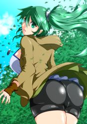 Rule 34 | 1girl, ass, bike shorts, blush, breasts, choker, duel monster, fingernails, from behind, from below, green eyes, green hair, gure (gresaku), hair ornament, jewelry, large breasts, long hair, looking at viewer, looking back, matching hair/eyes, necklace, open mouth, parted lips, ponytail, robe, sharp fingernails, shiny clothes, shiny skin, shorts, sideboob, solo, winda (yu-gi-oh!), winda priestess of gusto, wynnda miko of the gusta, yu-gi-oh!
