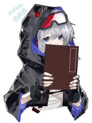 Rule 34 | 1girl, arknights, black gloves, black jacket, blue eyes, book, commentary, covering face, cropped torso, fingerless gloves, gloves, goggles, goggles on head, grey hair, highres, holding, holding book, hood, hooded jacket, jacket, looking at viewer, mulberry (arknights), nervous, runamonet, shirt, short hair, simple background, solo, white background, white shirt