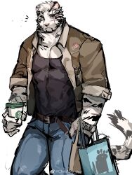 Rule 34 | 1boy, animal ears, arknights, bag, bara, black tank top, brown jacket, casual, christory yyb, covered abs, covered navel, cup, denim, disposable cup, facial hair, feet out of frame, frown, furry, furry male, goatee, highres, holding, holding cup, jacket, jeans, large pectorals, looking at viewer, male focus, mountain (arknights), muscular, muscular male, open clothes, open jacket, pants, pectoral cleavage, pectorals, shopping bag, short hair, sketch, sleeves rolled up, solo, tank top, thick eyebrows, tiger boy, tiger ears, white fur
