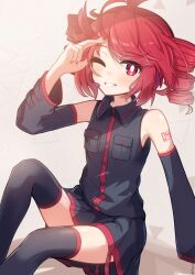 Rule 34 | 1girl, asari draw, black shirt, black skirt, black sleeves, black thighhighs, collared shirt, commentary request, detached sleeves, drill hair, flat chest, highres, kasane teto, miniskirt, one eye closed, pleated skirt, red eyes, red hair, red pupils, red trim, shirt, sitting, skirt, sleeveless, sleeveless shirt, smile, solo, thighhighs, twin drills, utau