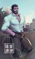 Rule 34 | 1boy, absurdres, against fence, baimeme, bara, beard, bulge, bursting pectorals, collared shirt, colored skin, commission, cup, facial hair, feet out of frame, fence, hair slicked back, hand in pocket, highres, holding, holding cup, large pectorals, looking at viewer, male focus, mature male, mug, muscular, muscular male, mustache, oc (eros-cogito), original, partially unbuttoned, pectoral cleavage, pectorals, pointy ears, purple eyes, purple skin, shirt, short hair, sleeves rolled up, soccer, solo, standing, thick eyebrows, thick thighs, thighs