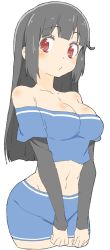 Rule 34 | 1girl, absurdres, bad id, bad twitter id, bare shoulders, black hair, blue shirt, blue skirt, blunt bangs, blush, breasts, cleavage, closed mouth, cowboy shot, detached sleeves, donguri suzume, highres, looking at viewer, medium breasts, midriff, navel, red eyes, shirt, simple background, skirt, solo, white background