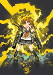 Rule 34 | &gt; o, 10s, 1girl, blush, brown eyes, brown hair, cannon, character name, commentary request, electricity, folded ponytail, full body, inazuma (kancolle), kantai collection, konno takashi (frontier pub), long sleeves, machinery, neckerchief, nose blush, one eye closed, open mouth, pleated skirt, school uniform, serafuku, skirt, solo, standing
