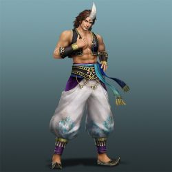 Rule 34 | 1boy, arabian clothes, arabian nights, brown hair, feathers, full body, gradient background, hand on own hip, male focus, shin sangoku musou, sima zhao, simple background, solo, traditional clothes