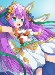Rule 34 | 1girl, :d, aqua eyes, bangle, blurry, bracelet, depth of field, dress, fang, hair ornament, highres, jewelry, lakshmi (p&amp;d), long hair, open mouth, purple hair, puzzle &amp; dragons, smile, solo, twintails, uumaru1869, very long hair