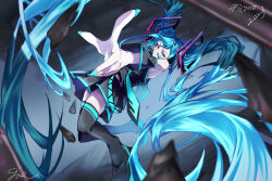 Rule 34 | 1girl, aqua belt, aqua eyes, aqua hair, aqua nails, aqua necktie, bare shoulders, black footwear, black shirt, black skirt, black sleeves, blurry, blurry background, blurry foreground, boots, closed mouth, collared shirt, commentary request, dated, detached sleeves, dynamic pose, floating hair, gas (ogyaaaaa a), hair ornament, hatsune miku, highres, long hair, looking at viewer, miku day, necktie, outstretched hand, pleated skirt, rock, shirt, signature, skirt, sleeveless, sleeveless shirt, solo, thigh boots, thighhighs, twintails, very long hair, vocaloid, wide sleeves, zettai ryouiki