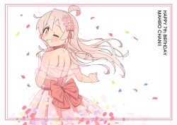 Rule 34 | 1girl, ;), absurdres, ahoge, alternate costume, back, backless dress, backless outfit, bare arms, bare shoulders, blush, commentary, confetti, dated, dress, earrings, english text, flower, from behind, genderswap, genderswap (mtf), grin, hair between eyes, hair flower, hair ornament, happy birthday, highres, jewelry, light blush, long hair, looking at viewer, looking back, nuurise2023, one eye closed, onii-chan wa oshimai!, orange eyes, oyama mahiro, oyama mihari, pink dress, pink hair, simple background, smile, solo, stud earrings, white background