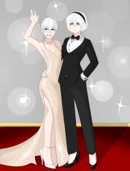 Rule 34 | 1boy, 1girl, absurdres, androgynous, android, arm around waist, black suit, blue eyes, bow, bowtie, couple, crossdressing, dress, formal, hairband, high heels, highres, jacket, jewelry, long legs, makeup, mole, mole under mouth, nier (series), nier:automata, role reversal, sealguy, shirt, smile, suit, trap, waving, white dress, white hair, white shirt, wrist cuffs, 2b (nier:automata), 9s (nier:automata)