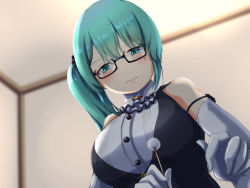 Rule 34 | .live, 1girl, bare shoulders, black-framed eyewear, black vest, blood on mimikaki, blush, breasts, buttons, closed mouth, collared shirt, commentary request, confused, cropped torso, dress shirt, elbow gloves, glasses, gloves, green eyes, green hair, hair between eyes, highres, kagura suzu (.live), large breasts, long hair, looking at another, looking down, mimikaki, ribbon-trimmed gloves, ribbon trim, room, semi-rimless eyewear, shirt, side ponytail, sleeveless, sleeveless shirt, solo, typemekarauroko196, under-rim eyewear, vest, virtual youtuber, white gloves, white neckwear, white shirt